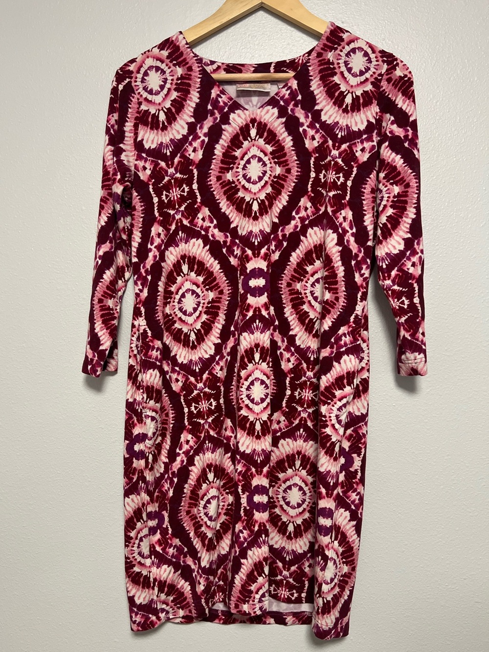 Belle Boho Kim Gravel Pink Tie Dye Medallion Stretch Sheath Midi Dress S Pockets